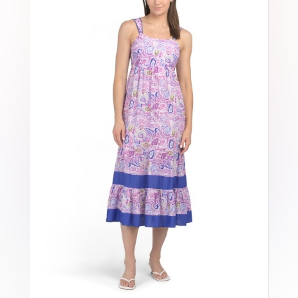 NWT - Celina Moon Lace Trim Purple Multi Abstract Tiered Viscose Maxi Dress - XL